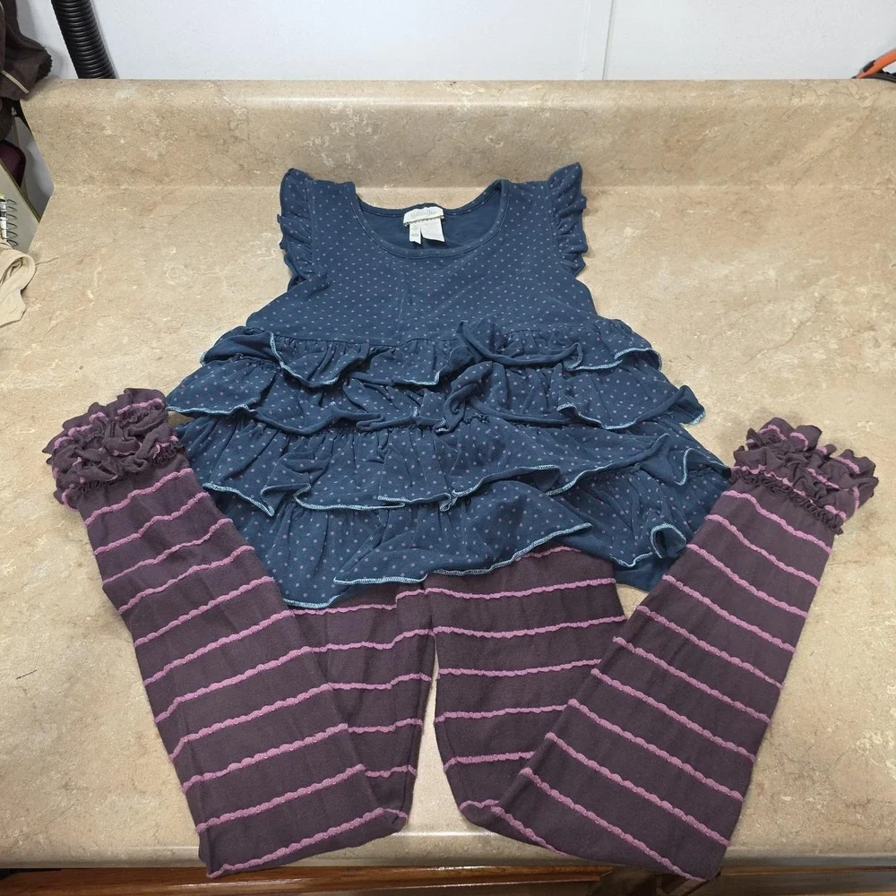 Matilda‎ Jane Outfit Girls 6 Blue Dot Ruffle Tunic Purple Stripe Leggings Set